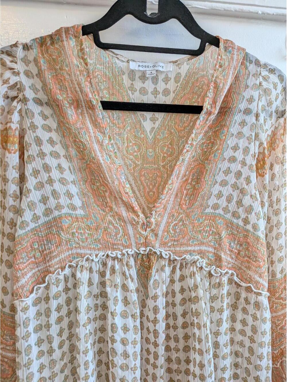 Rose + Olive Blouse Womens Small Multicolor Paisley V Neck Ruffle Tunic Top - Picture 2 of 6